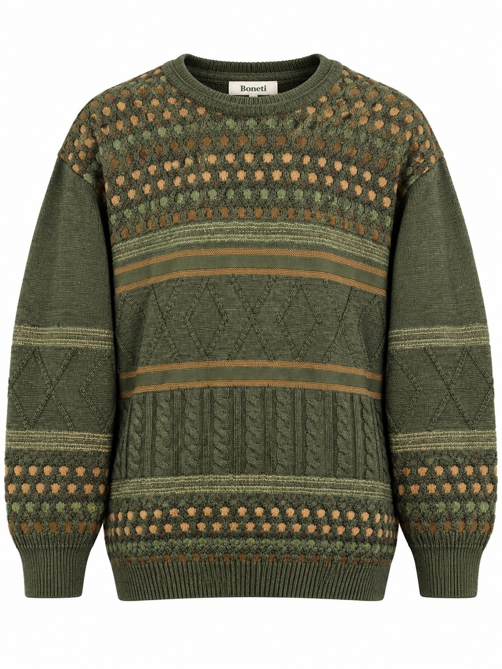 Vintage Boneti Olive Green Wool Fair Isle Cable Knit Sweater Large Grandpa Core